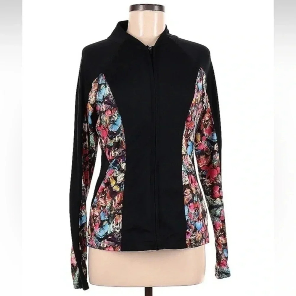 Jessica Simpson Performance Jacket Activewear Mesh Back Black Floral Size M